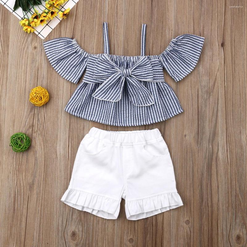 

Clothing Sets Toddler Kids Girls Summer Off Shoulder T-shirt Tops Shorts Pants Outfits Striped Clothes 2-7Y, Picture shown