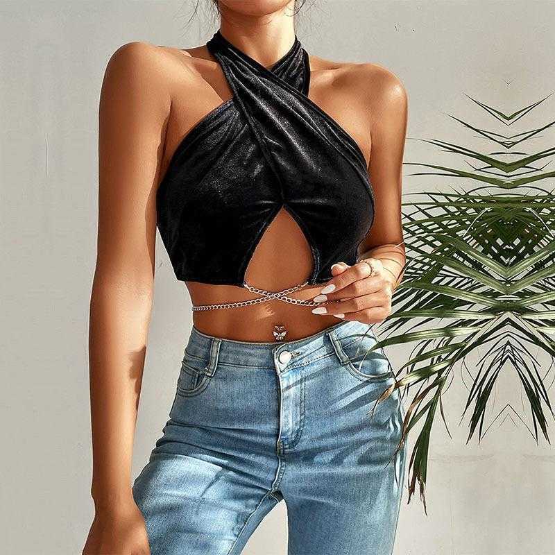 

Summer Sexy Chain Velvet Halterneck Cami Vest Girl Backless Womens Clothing, Black2