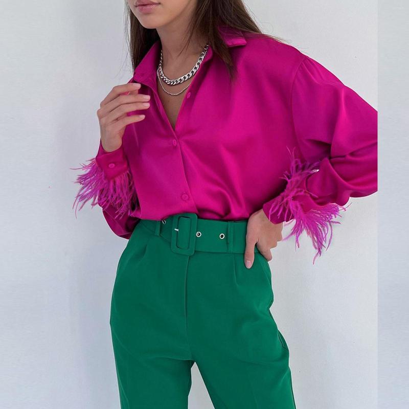 

Women' Blouses Feather Cuffs Elegant Shirt Blouse Women Casual Long Sleeve Fashion Button Down Top Loose Turndown Collar Shirts, Blue