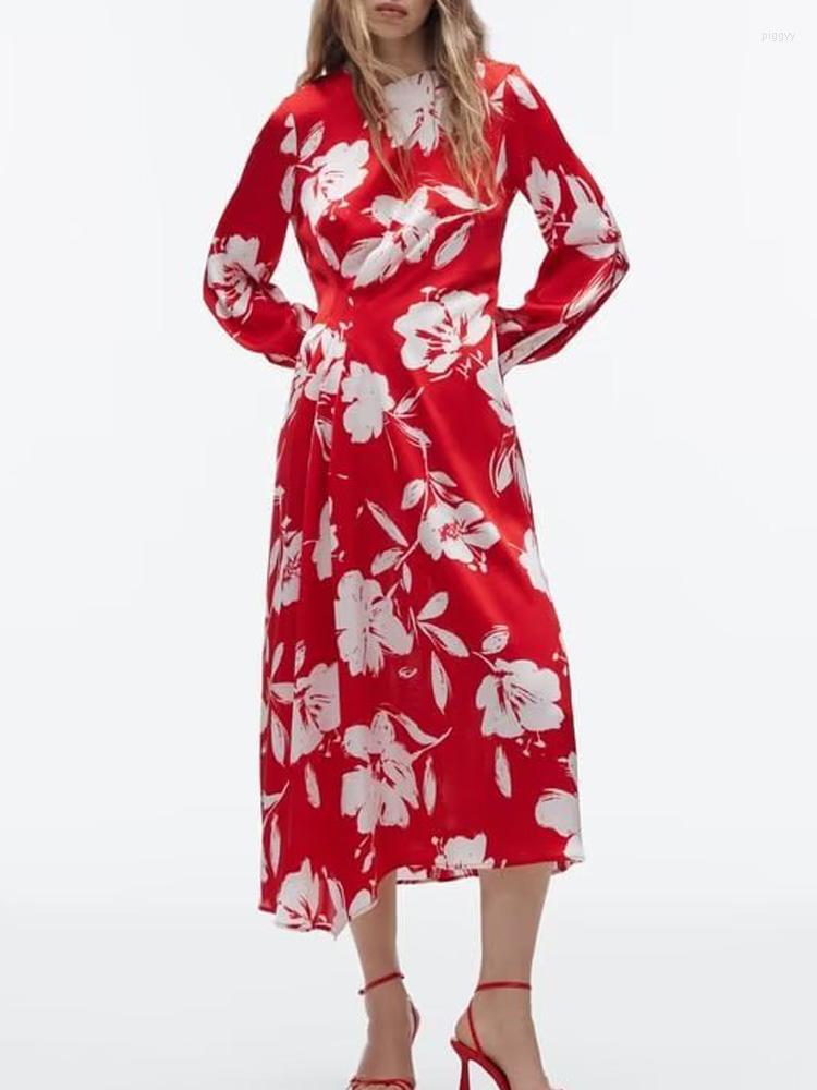 

Casual Dresses Kumsvag 2023 Women Summer Dress Fashion Floral Print Pleated O-Neck Female Satin Elegant Street Clothing XX9155