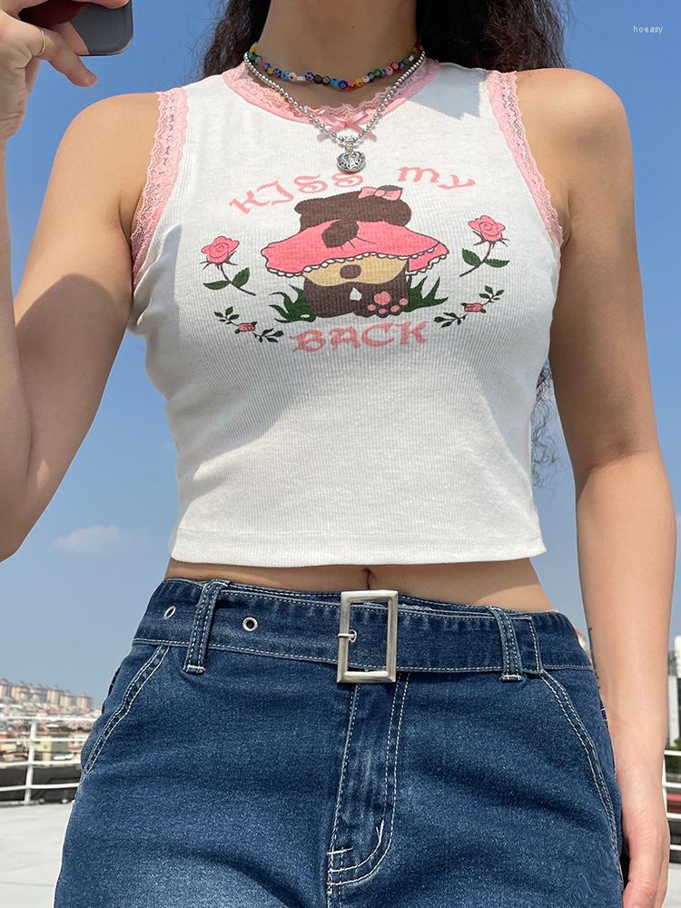 

Women' Tanks Harajuku Casual Cute Printed Lace Trim Bodycon Tank Top Sweet Bow Basic Summer Crop Tops Women Korean Sleeveless Vest Preppy, White