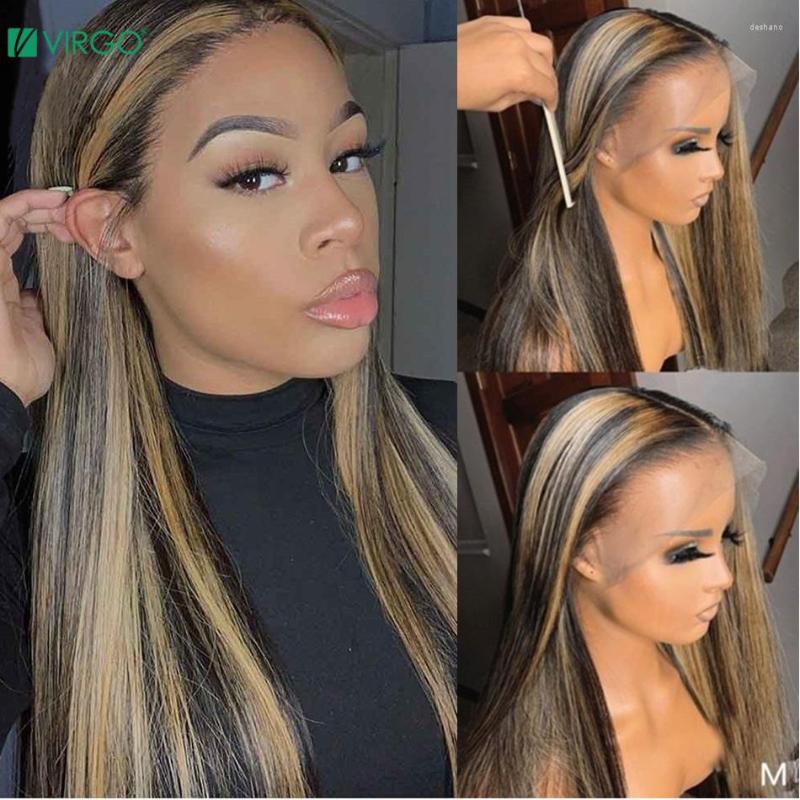 

Virgo Highlight Wig Ombre Human Hair For Black Women Straight Long Transparent HD Lace Remy, T part wig
