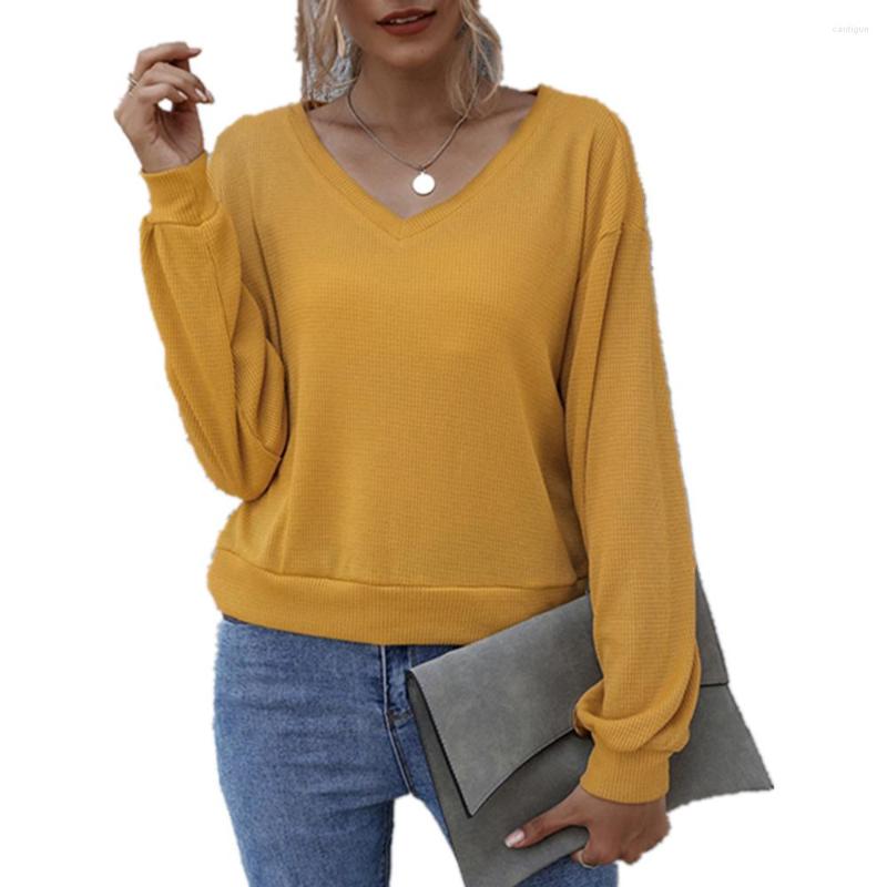 

Women' Blouses Pdfmily Ladies Casual Yellow V-Neck Solid Short Style Top And Blouse Women Autumn Workwear Long Sleeve Loose Elegant
