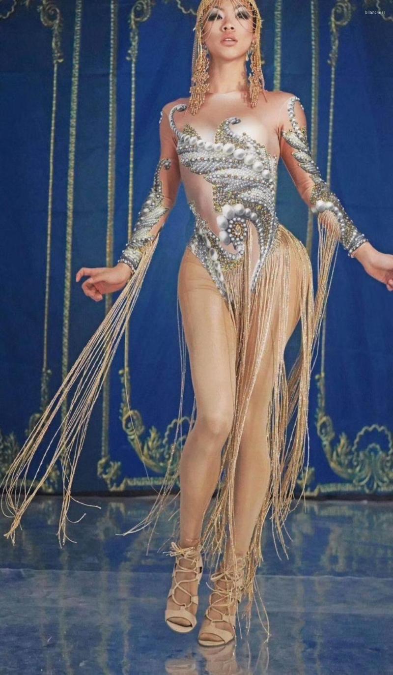 

Stage Wear Women Performance Dance Costume Gold 3D Printing Sexy Bodysuit Elastic Leotard Bar Party Show Dancer Tights