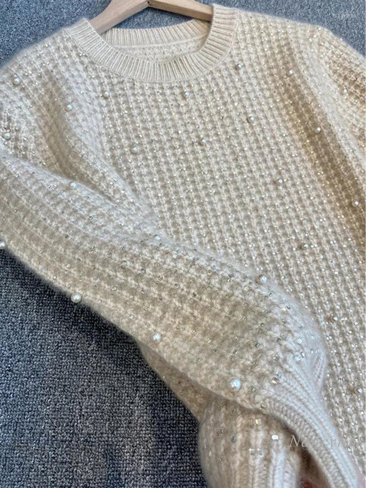 

Women' Sweaters Cashmere Sweater For Women Heavy Industry Beads Diamond-Embedded High-Grade Pullover Knitwear Fall Winter 2023, Gray white camel
