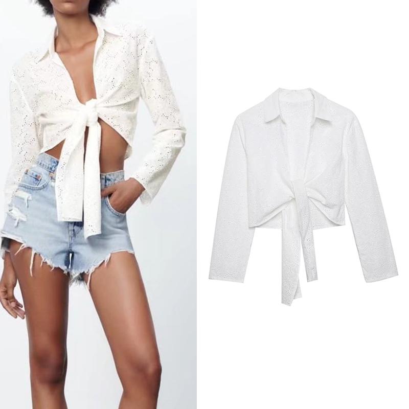 

Women's Blouses & Shirts Spring Women Fashion Cutout Embroidered Shirt Versatile Long Sleeve Lacing Female Short Chic Top FH2835Women's, White