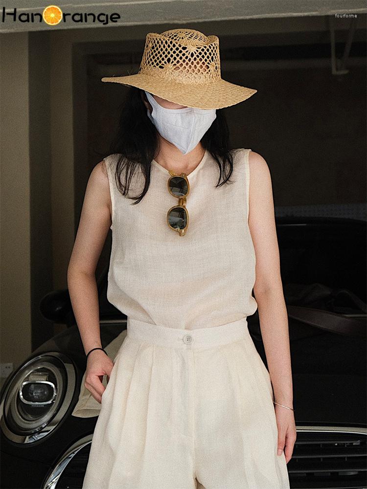 

Women's Tanks HanOrange 2023 Summer Ins Vintage Linen O-neck Tank Women Loose Thin Sleeveless Top Female Beige/hay Green