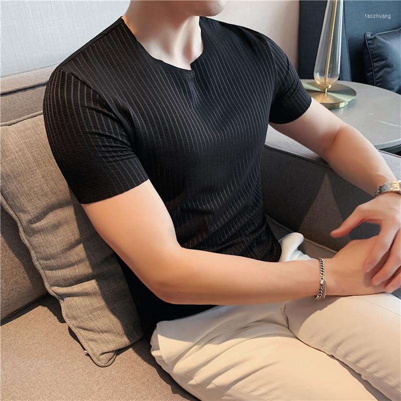 

Men's T Shirts Spring And Autumn Thin Men's Short-sleeved T-shirt Ice Silk Seamless Elastic Hollow Dark Strip Slim Round Neck Knitted, Black