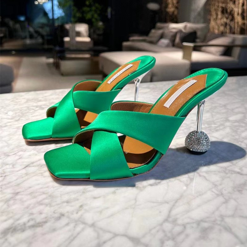 

Aquazzura high heeled Slippers for womens satin sandals Designer Rhinestone studded heel shoe top quality Leather sole sandal 10CM Heels Sandals 35--42size, Customizebox