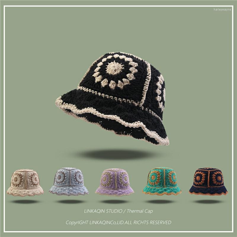 

Berets Spring Summer Fisherman Hat Women Hollow Flower Knitted Handmade Crochet Matching Basin Sunscreen Sun Hats Female Panama, Black