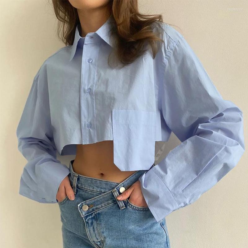

Women' Blouses Spring Fall 2023 Woman Button Up Cropped Shirt Women Casual Asymmetric Fashion Blusas Long Sleeve Female Top With Pocket, Green
