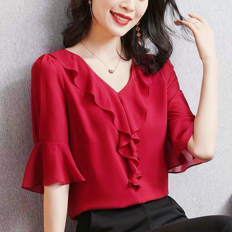 

Women's Blouses Elegant Lotus Leaf Collar OL Style Asymmetric Chiffon Shirt Summer Office Lady Flare Sleeve Blusas Femininas, Green