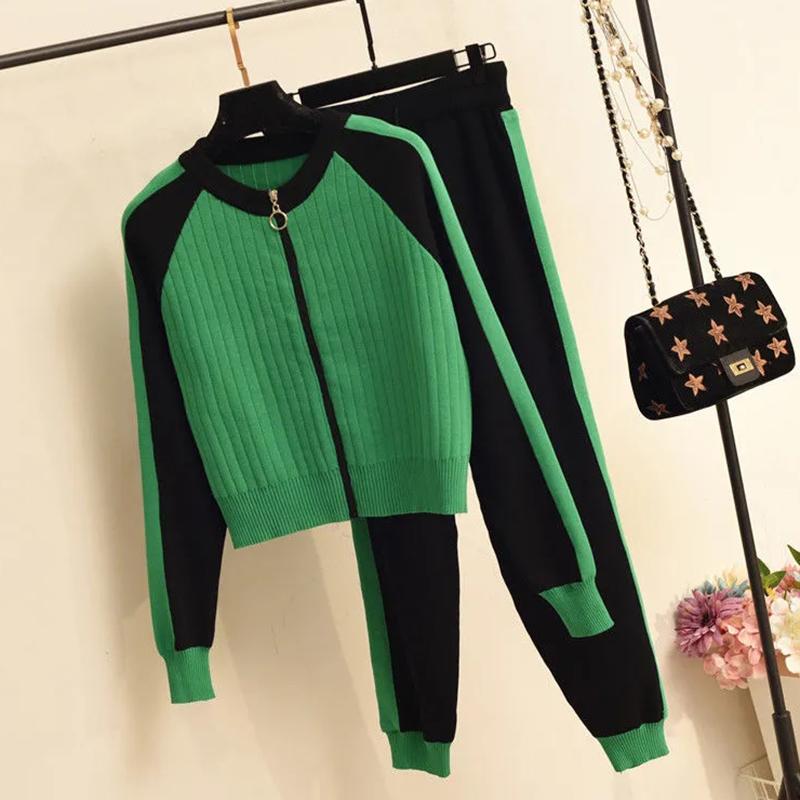 

Women' Two Piece Pants Sping Autumn Casual Knitted 2 Peice Suit Women Patchwork Long Sleeve Knitwear Cardigans Coat Stretch Korean Tracksu, White
