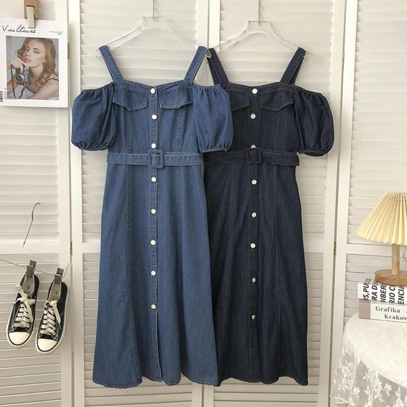 

Party Dresses Fashion Off Shoulder Slash Neck Denim Dress For Women 2023 Summer Chic Single-Breasted Short Sleeve Female Jean, Light blue