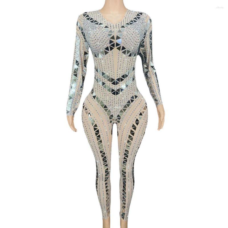

Stage Wear Sexy Mesh See Through Sparkly Rhinestones Mirrors Jumpsuit Celebrate Prom Birthday Dress For Women Singer Dancer Show, Silver dress