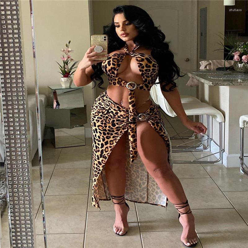 

Work Dresses WJFZQM Leopard Print Split Skirt Sets Sexy Halter Sleeveless Ruched Crop Top Long 2 Piece Set Women Summer Party Outfits, Black