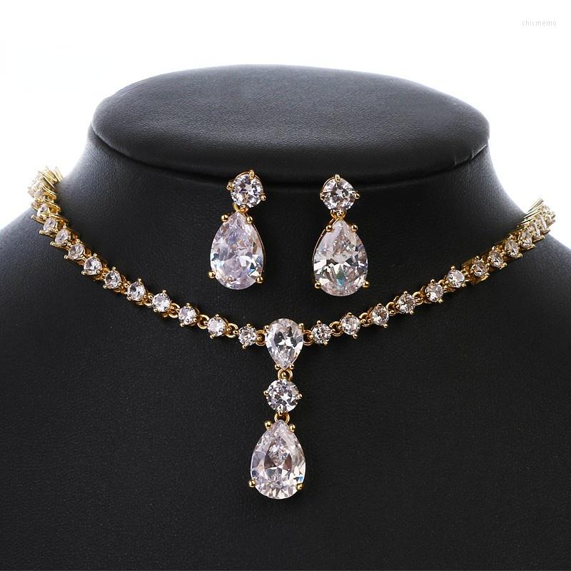 

Necklace Earrings Set AMC Bridal Luxury Earring 2pc Zircon Asymetrical Water Drop Wedding Party Jewelry Accessories Gifts For Women, Picture shown