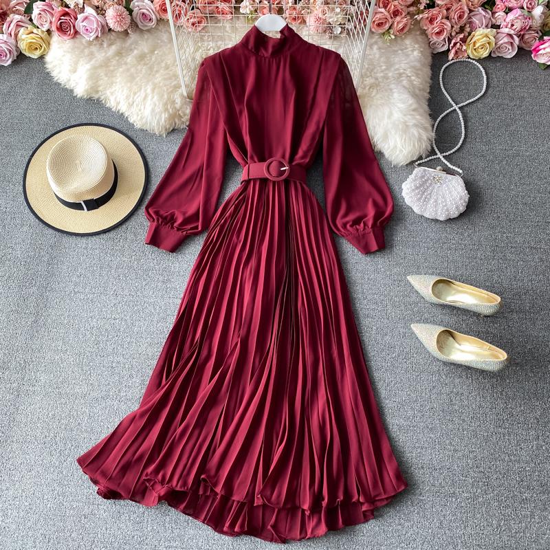 

Casual Dresses Women Red/Pink/Purple Pleated Party Long Dress Autumn Stand Collar Puff Sleeve High Waist Draped Vestidos Elegant Robe 2023, Black