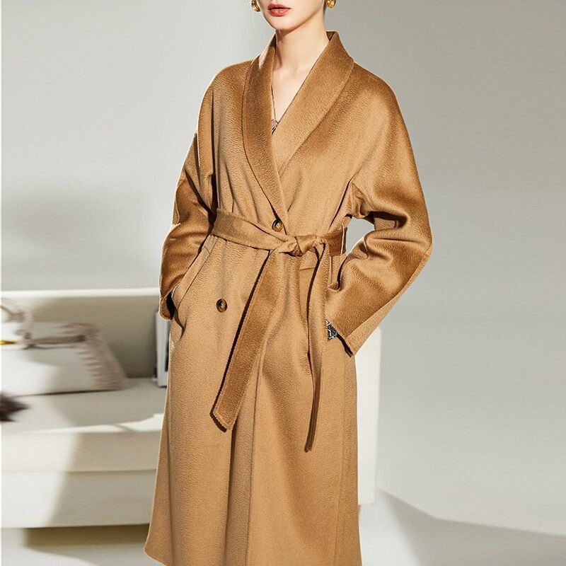 

Women s Jackets Max cashmere coat for women in the autumn and winter of medium length double sided wool handmade high end nightgown 230225, Camel