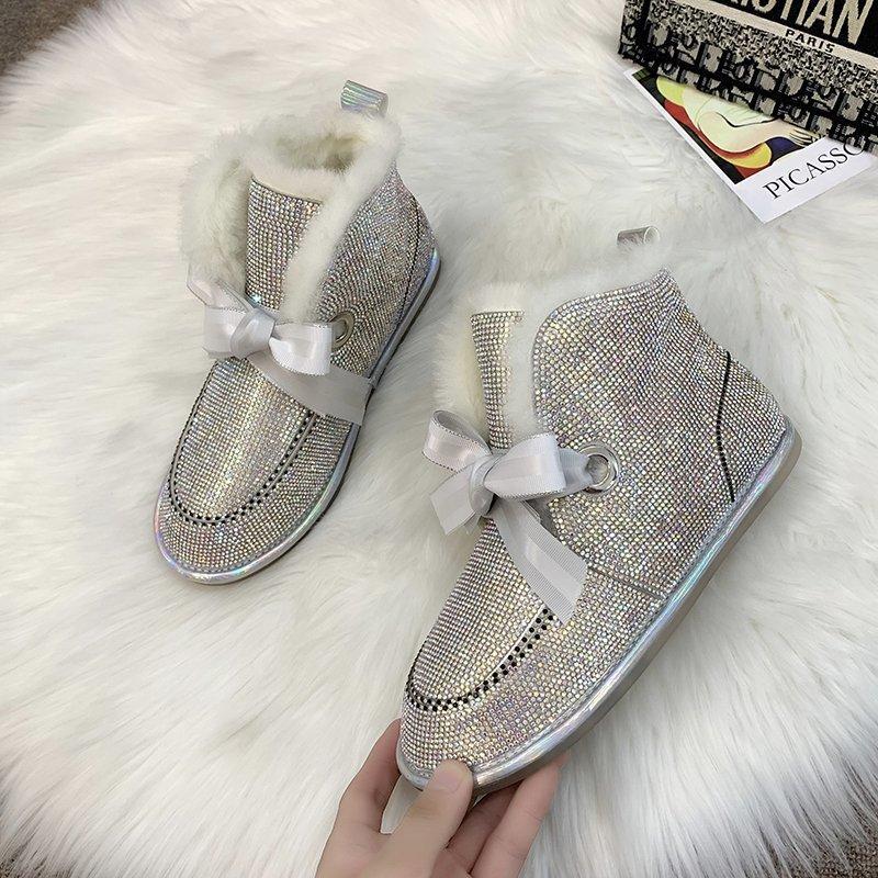 

Boots 2023 Fashion Ribbon Plus Cotton Short Non-Slip Flat Shoes Rhinestone Thick Bottom Velvet Snow Women, Black