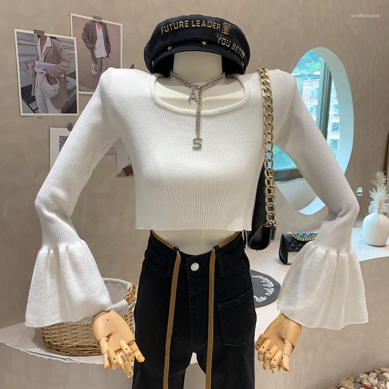 

Women's Sweaters Niche Design 022 Winter Square Neck Knit Shirt Long Sleeve Lace Up Back Top Temperament Short Sweater, Black