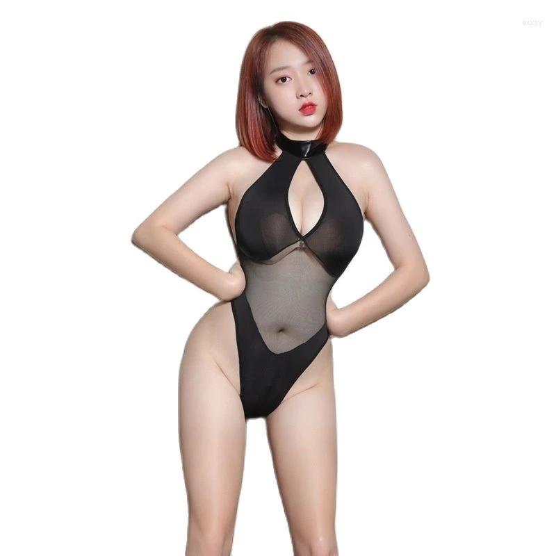 

Women's Swimwear Woman Ice Silk Mesh Patchwork High Cut Thong Bikini Bodysuit Sexy See Through Swimsuit Pole Dance Catsuit Beach Sukumizu, Black