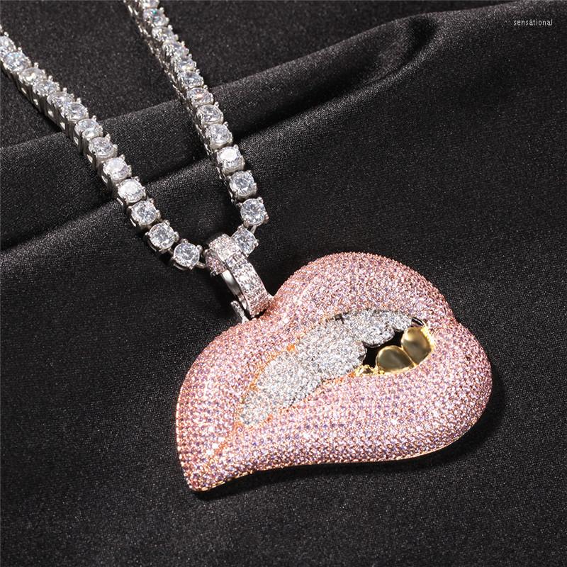 

Pendant Necklaces Hip Hop Micro Pave Pink Cubic Zirconia Drip Lip Necklace Iced Out Bling CZ Tennis Chain For Women