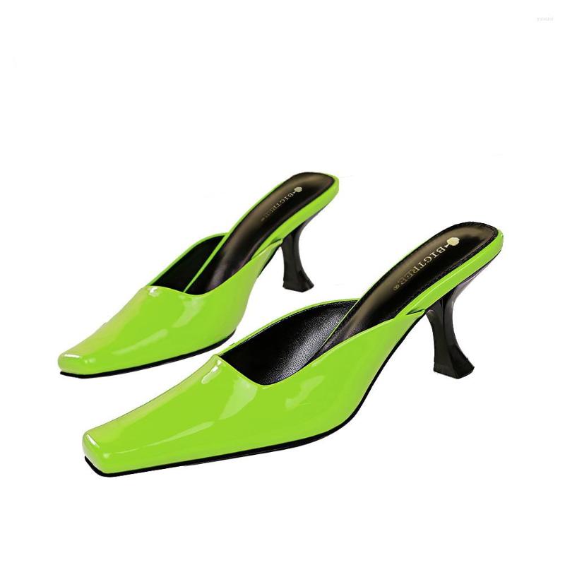 

Slippers 2023 Summer Women's Shoes Simple High-heeled Square Toe Glossy Patent Leather Baotou Daily Wear Sandals And, Black