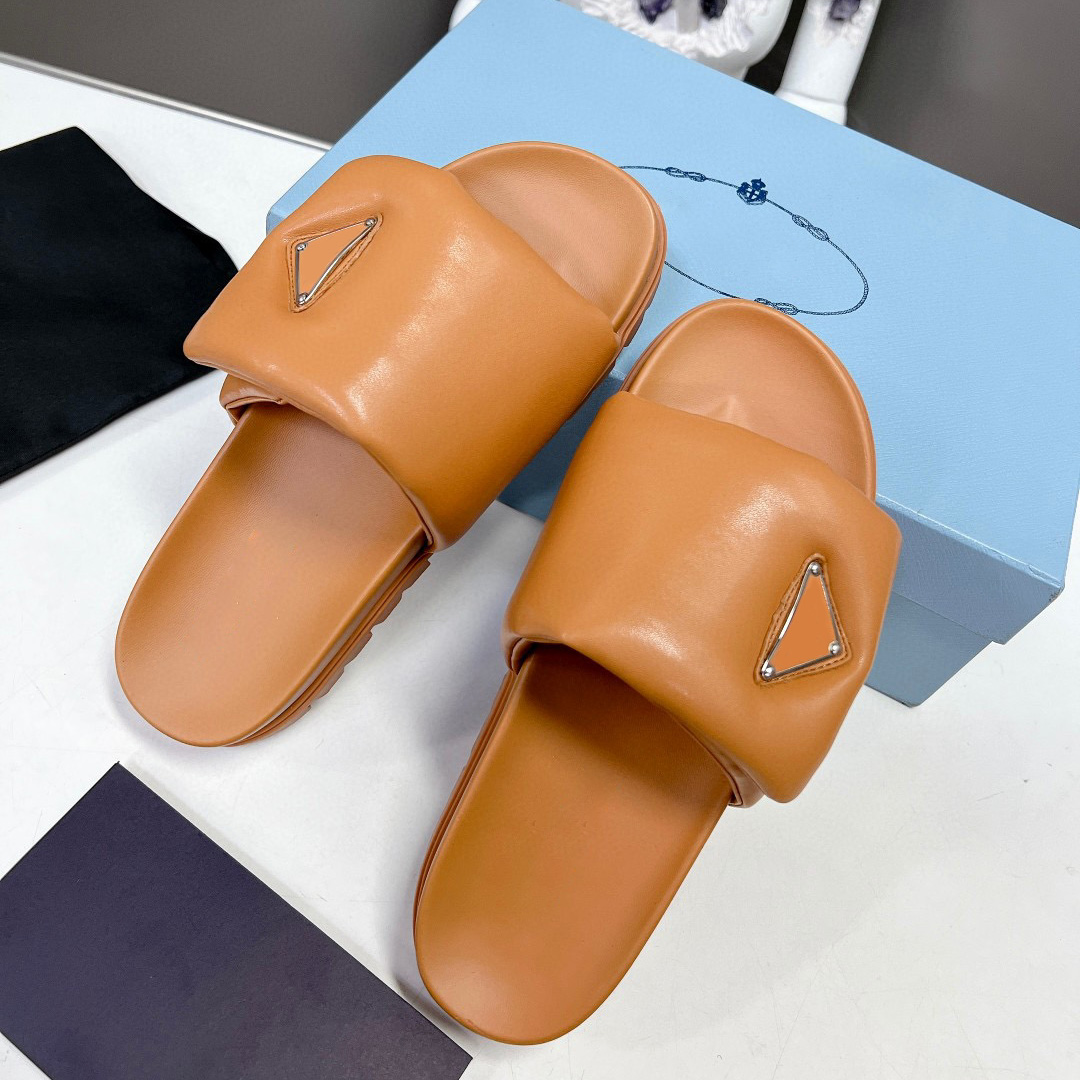 

Soft padded nappa leather slippers slide Summer Platform Sandals shoes slip-on triangle flats sandal women luxury designer slides slipper, Black