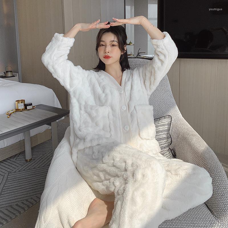 

Women's Sleepwear Lady Nightgown Pajamas Suit Warm Sleep Set Nightwear Thick 2PCS Top&Pants Flannel Intimate Lingerie Homewear Pijamas, White