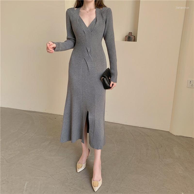 

Casual Dresses Korean Temperament V-Neck Long Sleeve Autumn One-Piece Women Knitted Dress Vintage Sexy Winter Sweater Female Vestidos, Black