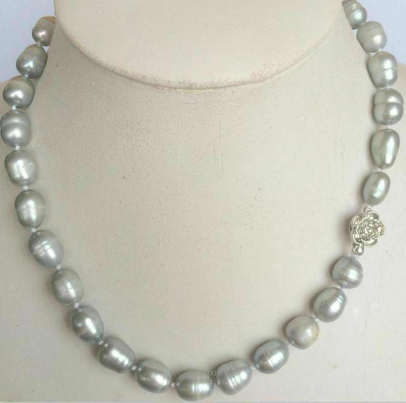 

Chains Real Natural 10-12mm Gray Akoya Freshwater Rice Pearl Necklace 18''Chains