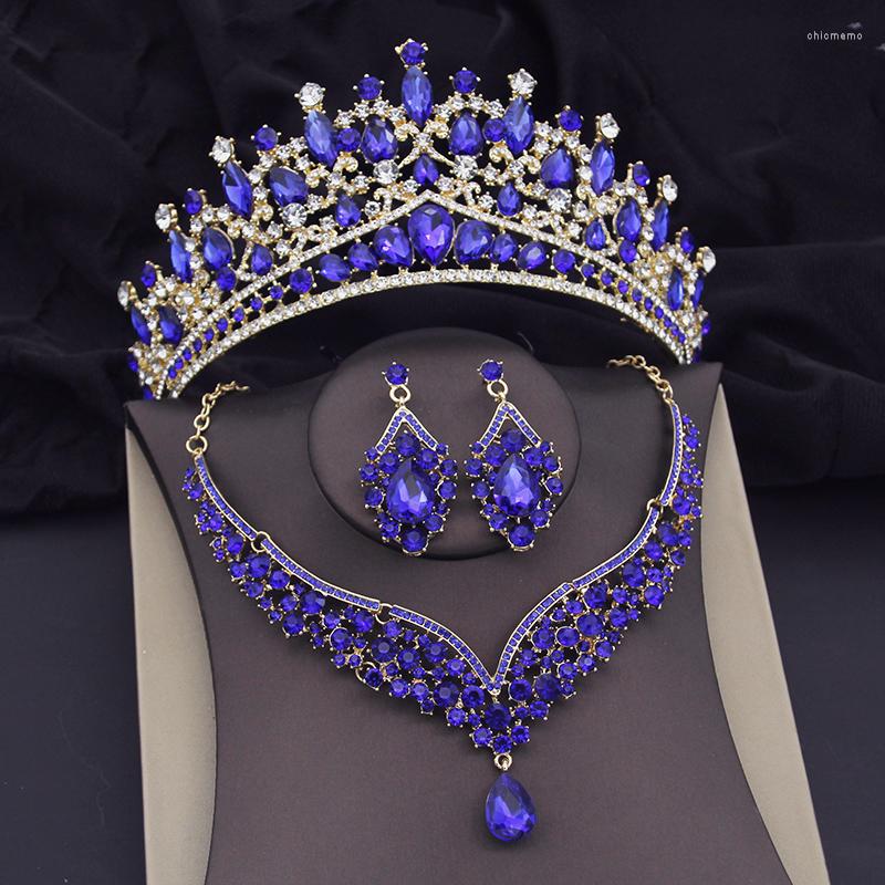 

Necklace Earrings Set Luxury Blue Crystal Bridal For Women Tiaras Earring Wedding Birthday Crown Bride Dubai Jewelry, Picture shown