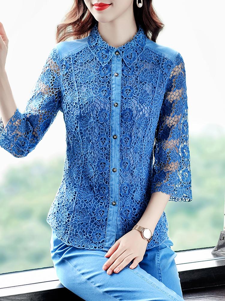 

Women's Blouses & Shirts Water-soluble Flower Textile Craft Three Quarter Sleeve Lace Stitching Single-breasted Fashion Summer S, Blue top