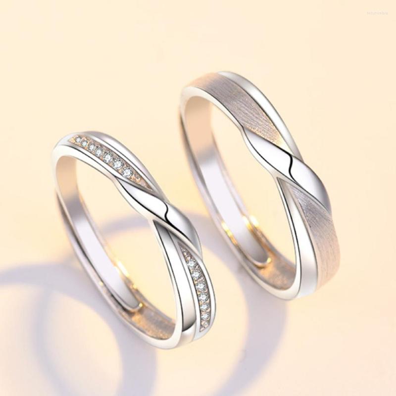 

Wedding Rings 1 Pair Copper Plated Silver Classic Adjustable Frosted Twist Zircon Couple Men Women Opening Finger Jewelry