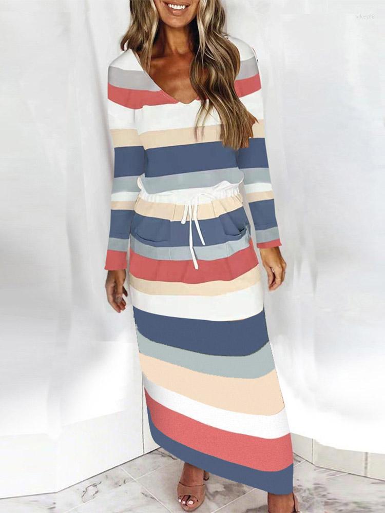 

Casual Dresses Pockets Pullover Maxi For Women Fall Winter Women' V-Neck Loose Print Striped Long-Sleeved One-Piece Dress 2023, As shown
