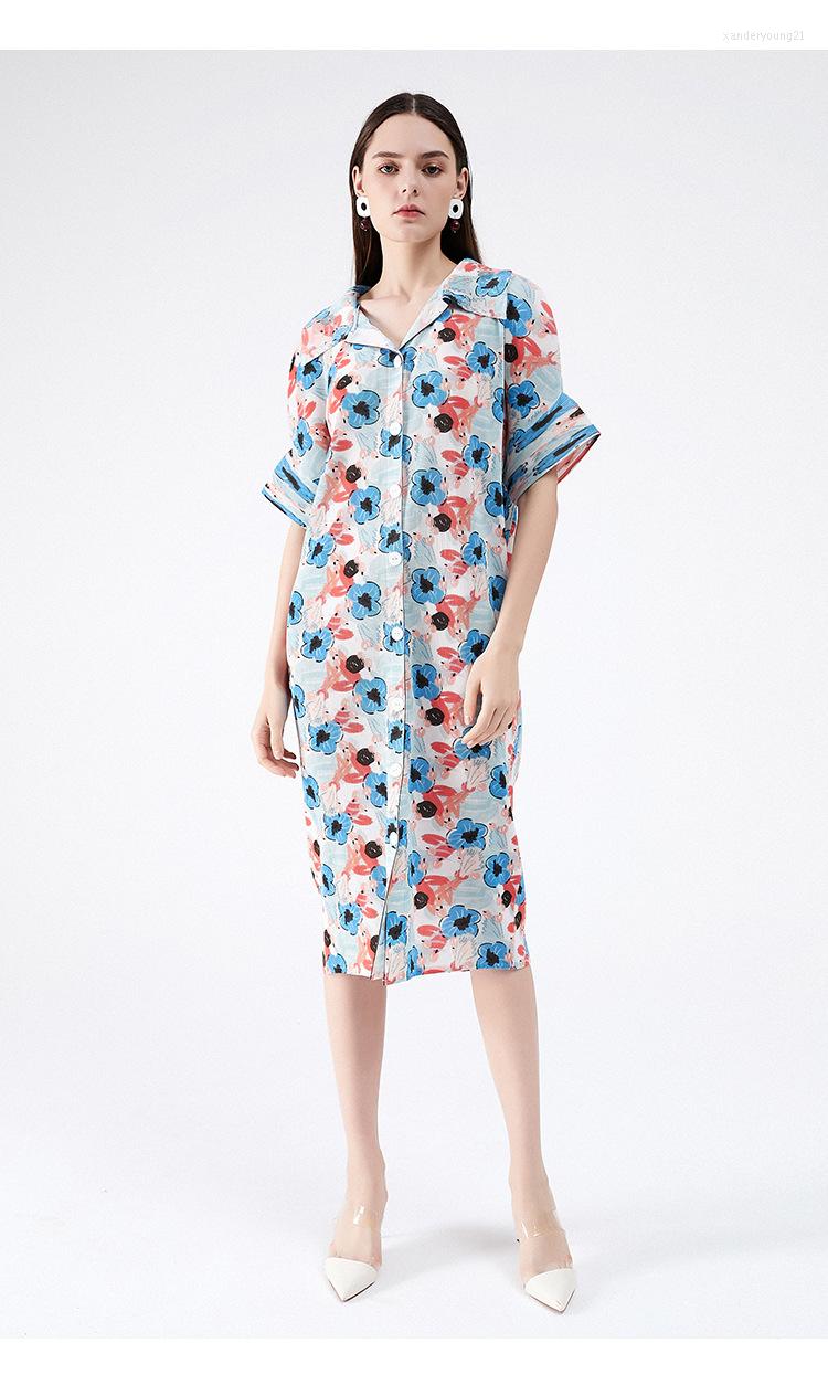 

Party Dresses SELLING Miyake Fold Dress Of Print Half Sleeve Turndown Collar Button Pleated IN STOCK, Multi
