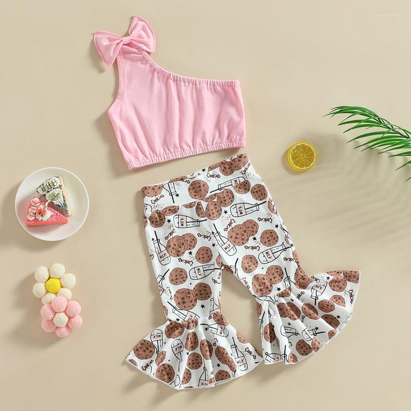 

Clothing Sets Fashion Toddler Baby Girls Clothes Summer Sleeveless Off Shoulder Tops Biscuit Print Bell-Bottoms Pants 2pcs Casual Outfits, Picture shown
