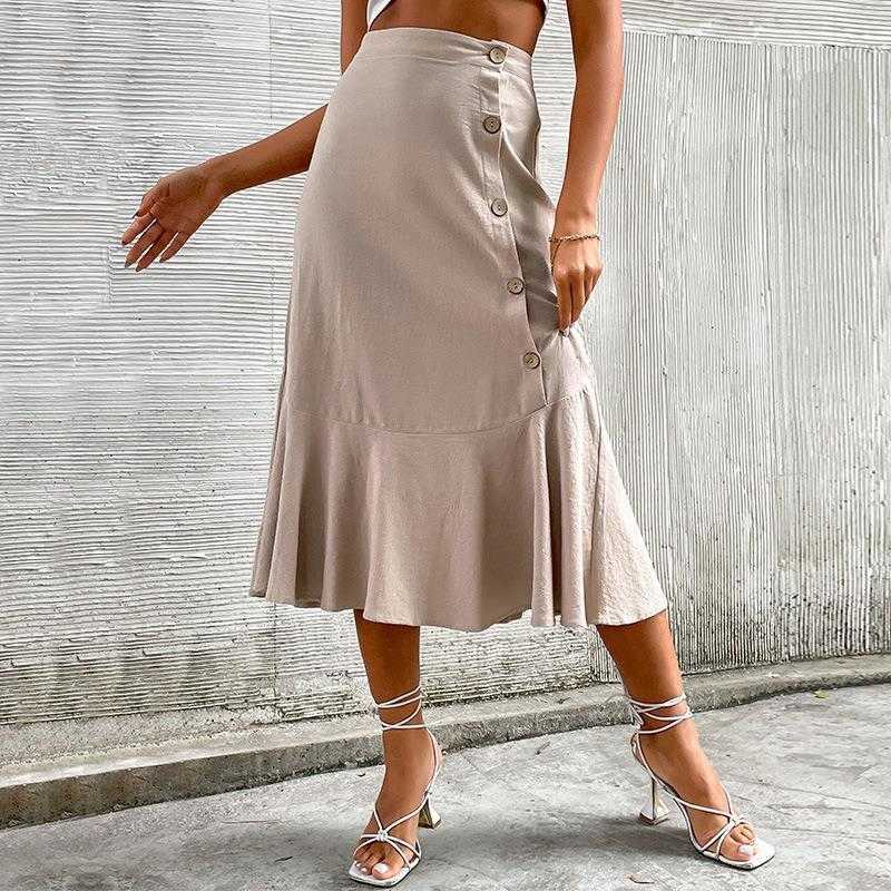 

Strict Selection Summer Pleated Midi Skirt Solid Color High Waist Cotton And, Khaki3