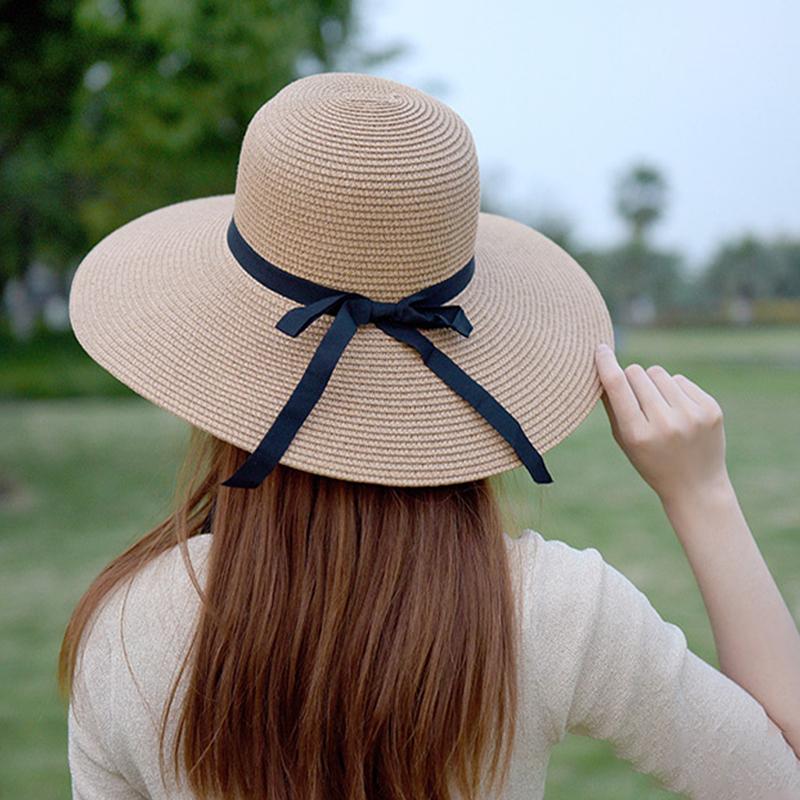 

Wide Brim Hats Women's Sunhats Outdoor Anti-Uv Round Top Straw Caps For Ladies Elegant Foldable Sun Cap Summer Bows Ribbons Hat, Pink