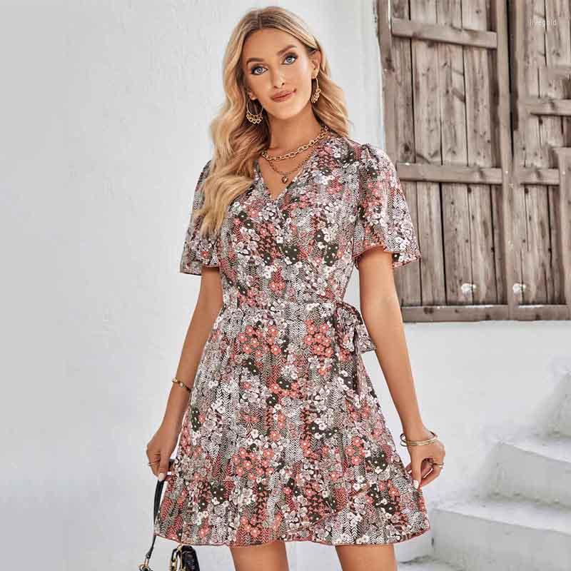 

Party Dresses Summer Women V-Neck Floral Print Mini Nightclub Dress Fashion Short Sleeve Ruffles Belt Elegant Sexy Slim Evening, Coffee