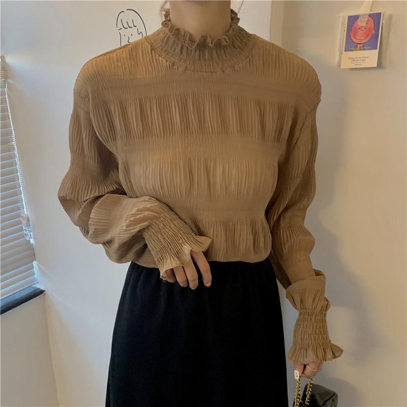 

Women's Blouses Autumn Half Turtleneck Chiffon Blouse Women Flare Long Sleeve Pleated Shirt Female Ruffle Tops Blusas Fashion 2023 & Shirts, Black