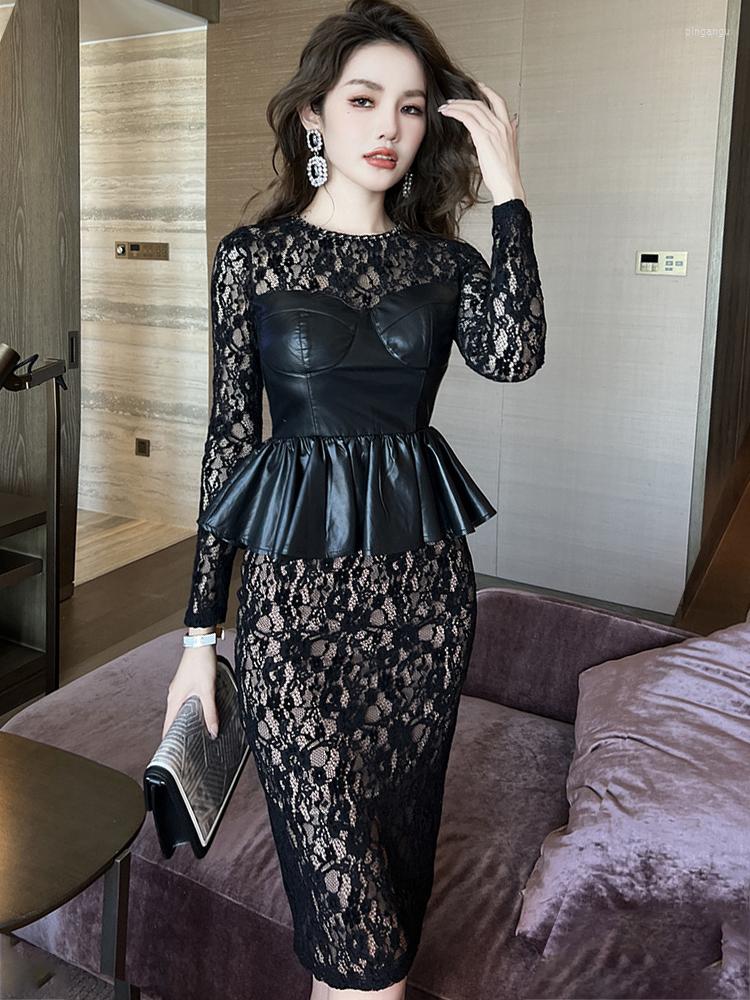 

Casual Dresses High Quality Spring Autumn Fashion Women Evening Dress Black Lace Sheer Sexy O-Neck Slim Midi Party Prom Mujer Vestidos