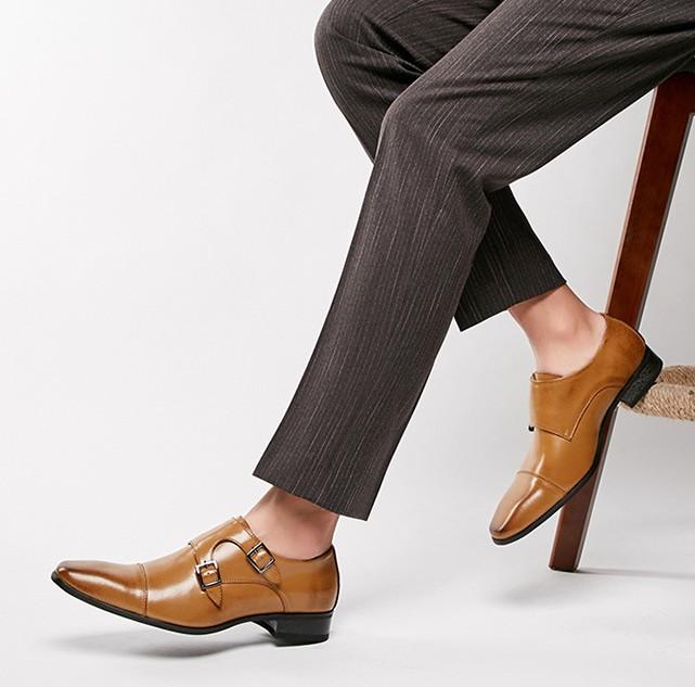 

Dress Shoes Man Handsome Male Men Genuine Leather Calfskin Oxfords Formal Monk Strap Footwear Office Business Wedding Party, Black