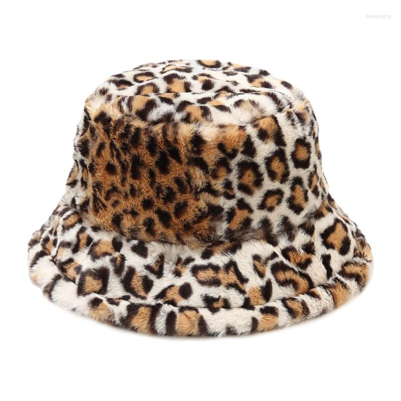 

Berets Retro Leopard Print Faux Fur Hats Wide Brims Caps All-match Fall Winter Fluffy Bucket For Women & Men Lovers, Brown