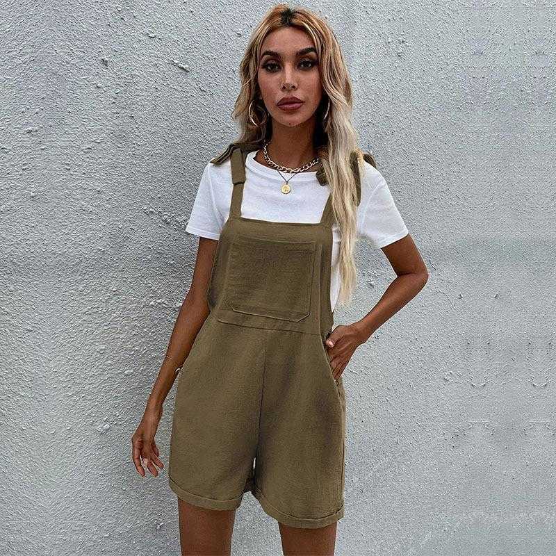 

Summer Shorts Loose Womens Jumpsuits Solid Color Casual Strap Cotton Linen, Color2
