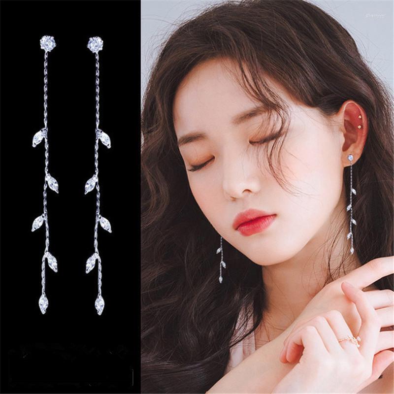 

Dangle Earrings Korean Design Elegant Tassel Zircon Long Leaf Drop For Women Arrive Fashion Party Wedding Jewelry Gift E301