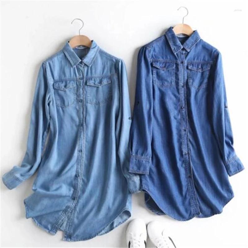 

Women' Blouses Women Blouse Spring Autumn Casual Shirts Mid-length Long Sleeve Denim Jeans Tops Shirt Blusa Mujer, Sky blue