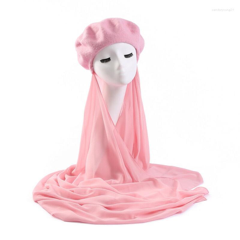 

Ethnic Clothing 2023 Fashion Chiffon Scarf Shawls With Beret Hat Muslim Women Hijab Caps Instant Hijabs Kerchief Bonnets Islamic Veil
