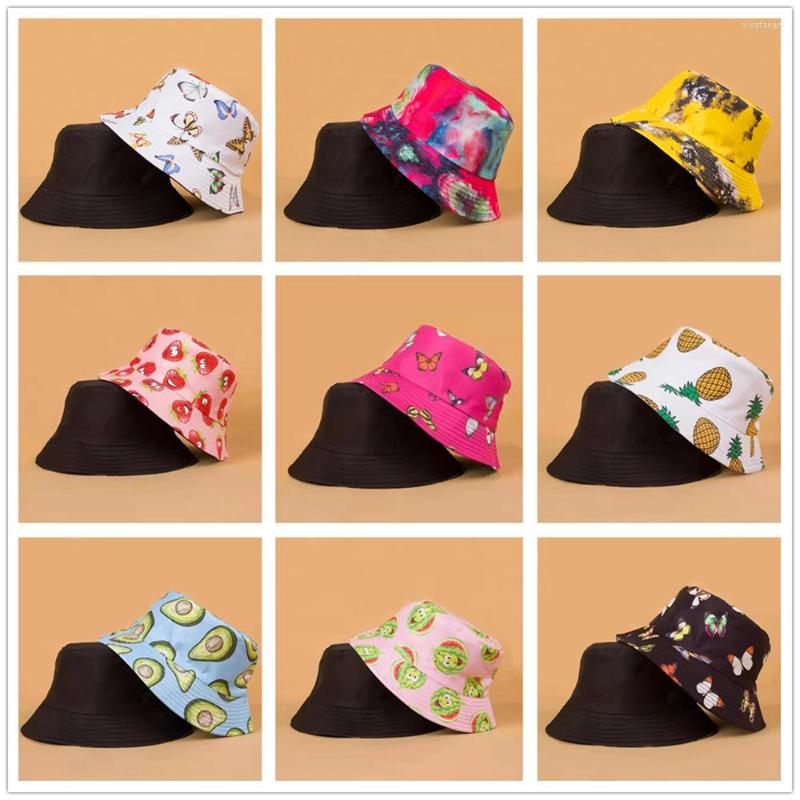 

Berets Wholesale Fruit Butterfly Print Summer Bucket Hats For Women Free Autumn Unisex Outdoor Fisherman Hat Sunscreen Man Cap